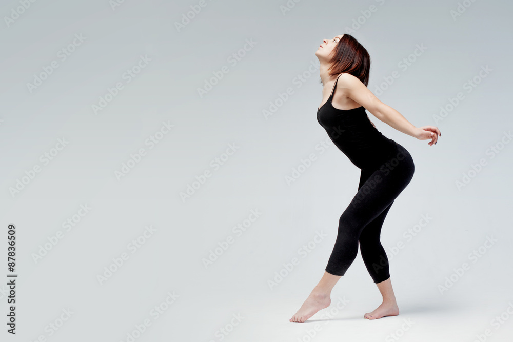 athletic girl on white background, opened, looking up opening