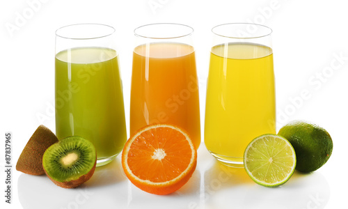 Glasses of different juice with fruits isolated on white