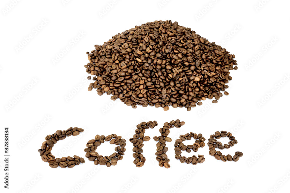 Word coffee with heap of coffee beans Word coffee with heap of coffee beans