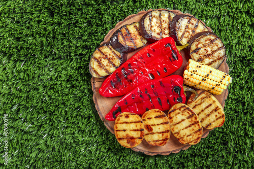 baked grilled vegetables on the green grass