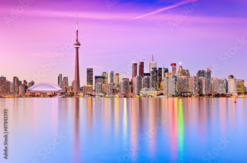Toronto skyline at dusk in Ontario, Canada.