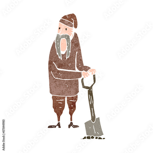 retro cartoon peasant digging