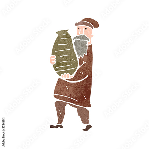 retro cartoon peasant with jar