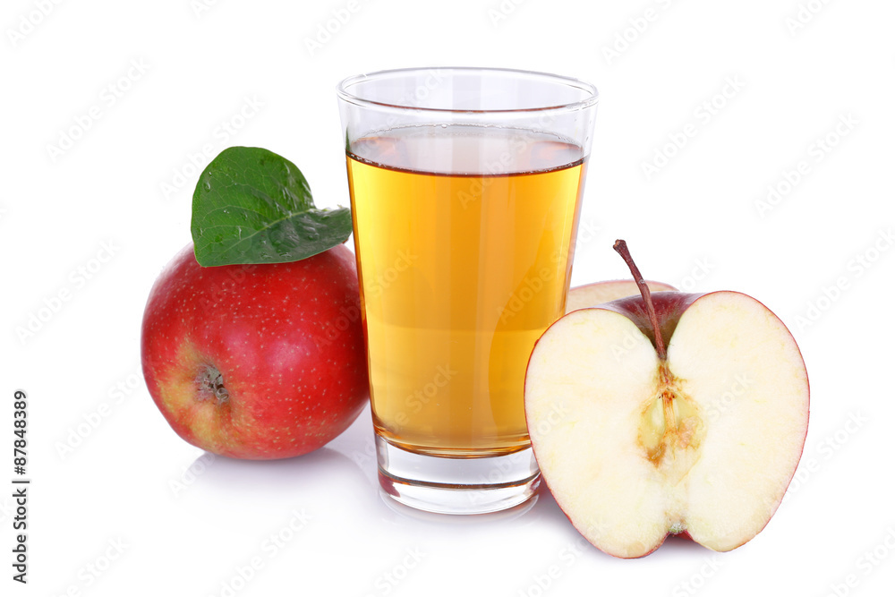 Glass of apple juice with red apples isolated on white Glass of apple juice with red apples isolated on white