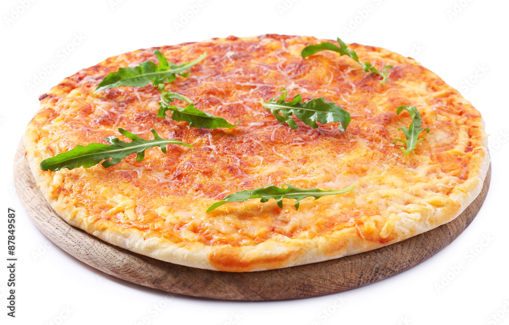 Cheese pizza with arugula isolated on white