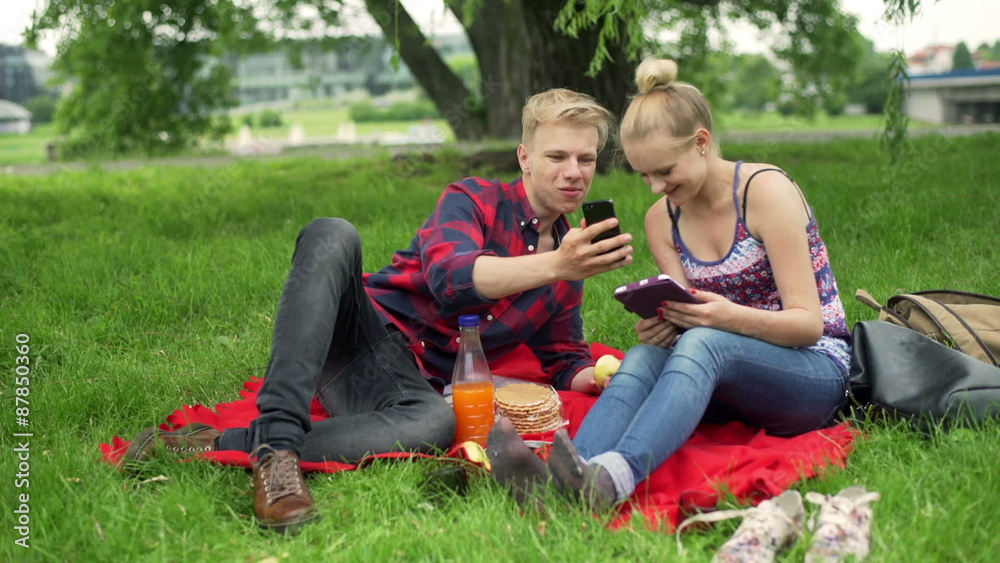 Boy showing something on smartphone to his girlfriend on picnic
Boy showing something on smartphone to his girlfriend on picnic