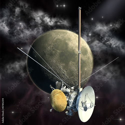Fototapeta Naklejka Na Ścianę i Meble -  Unmanned spacecraft similar with the Cassini orbiter passing the Moon.