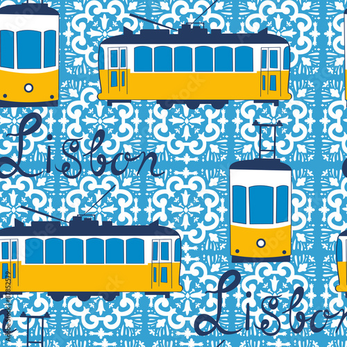 Colorful seamless pattern with tipical Lisbon tram