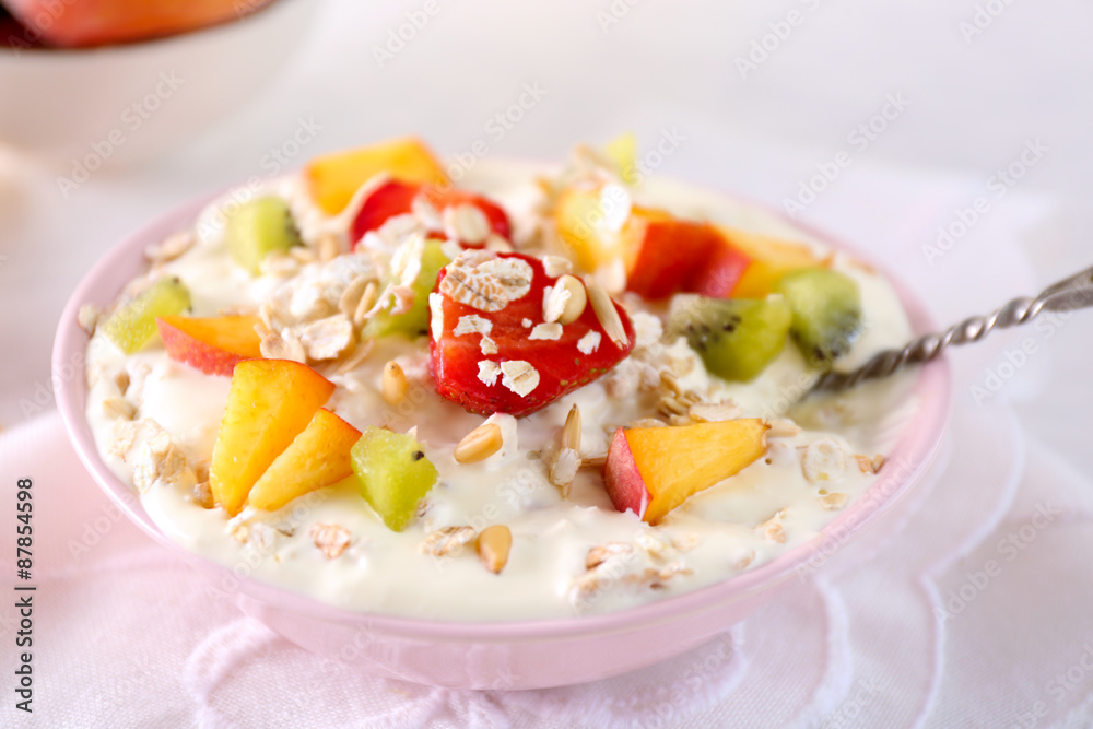 Healthy breakfast with homemade oatmeal, close up Healthy breakfast with homemade oatmeal, close up