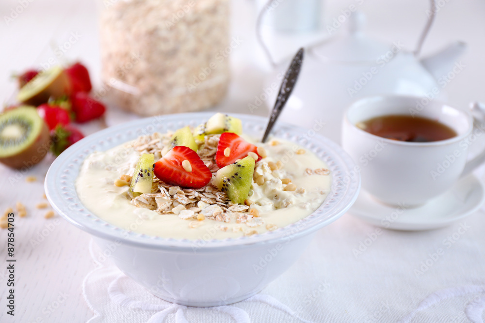 Healthy breakfast with homemade oatmeal, close up Healthy breakfast with homemade oatmeal, close up