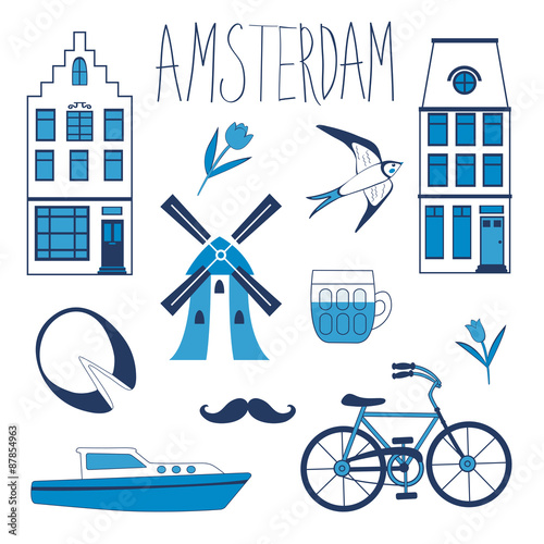 Colorful Amsterdam related icons set