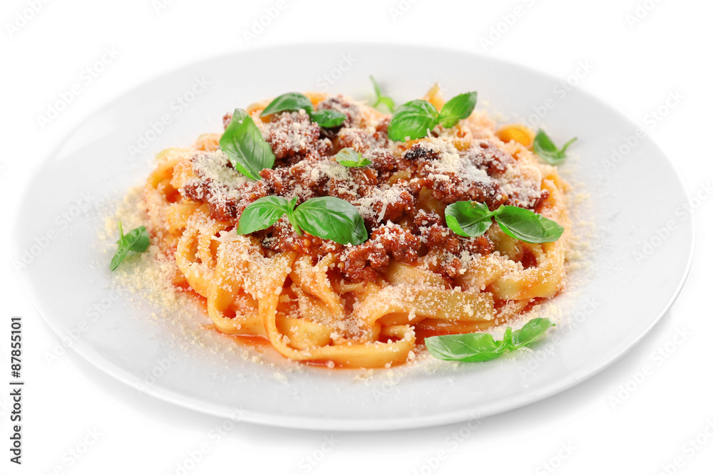 Pasta Bolognese with parmesan and basil isolated on white