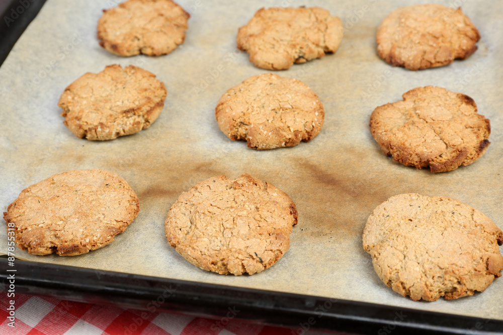 Homemade cookies on baking sheet close up Homemade cookies on baking sheet close up