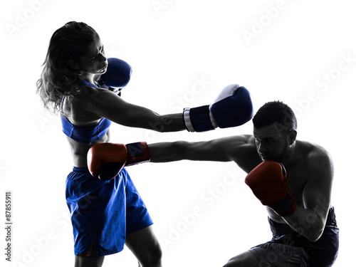 woman boxer boxing man kickboxing isolated