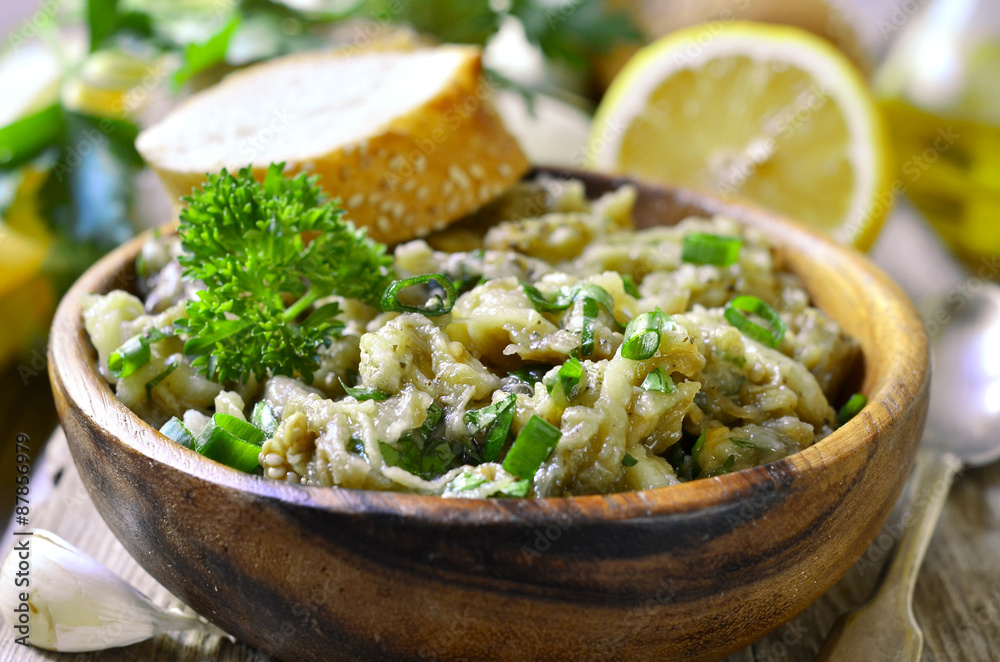 Eggplant salad with olive oil,herb and garlic.