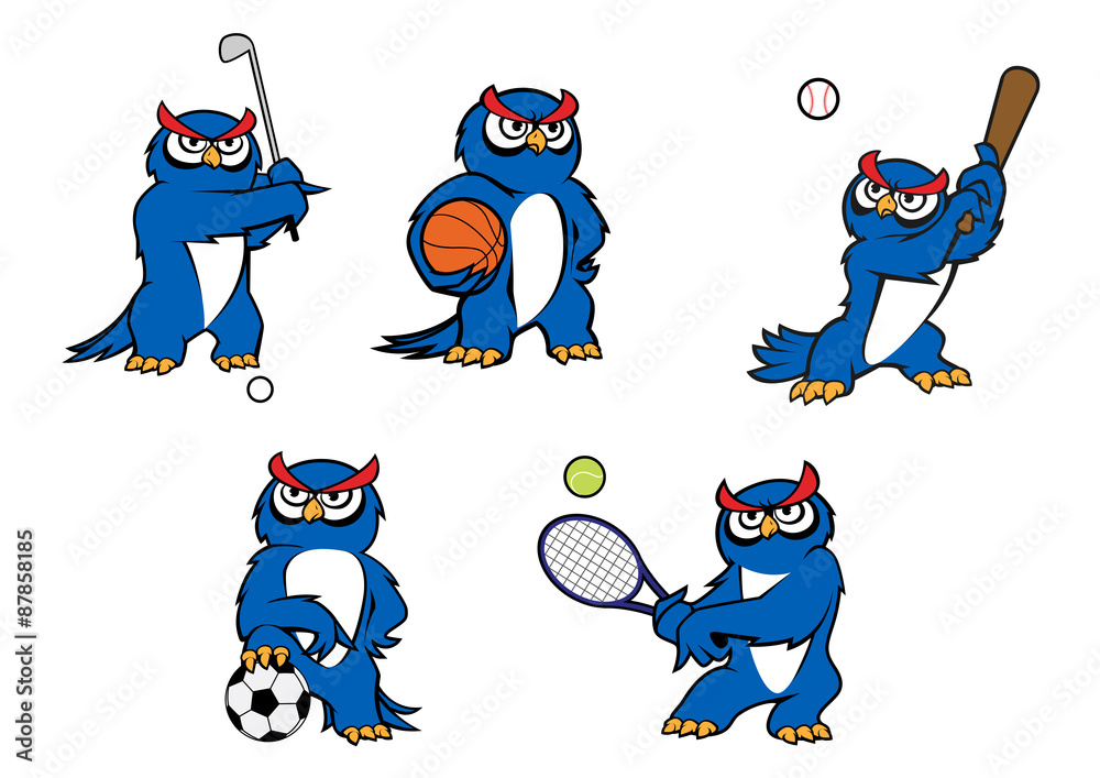 Obraz premium Blue cartoon owl player characters