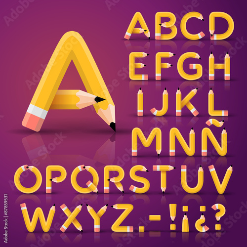 Vector alphabet of wood pencil shaped like letters. Yellow pencil letters collection 1/3. Capital letters.