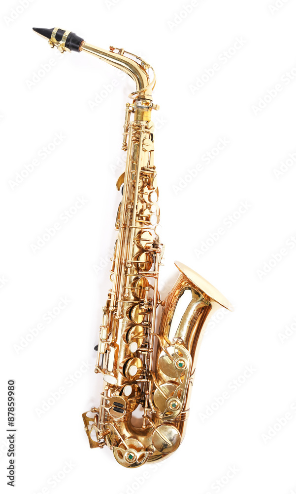 Naklejka premium Golden saxophone isolated on white