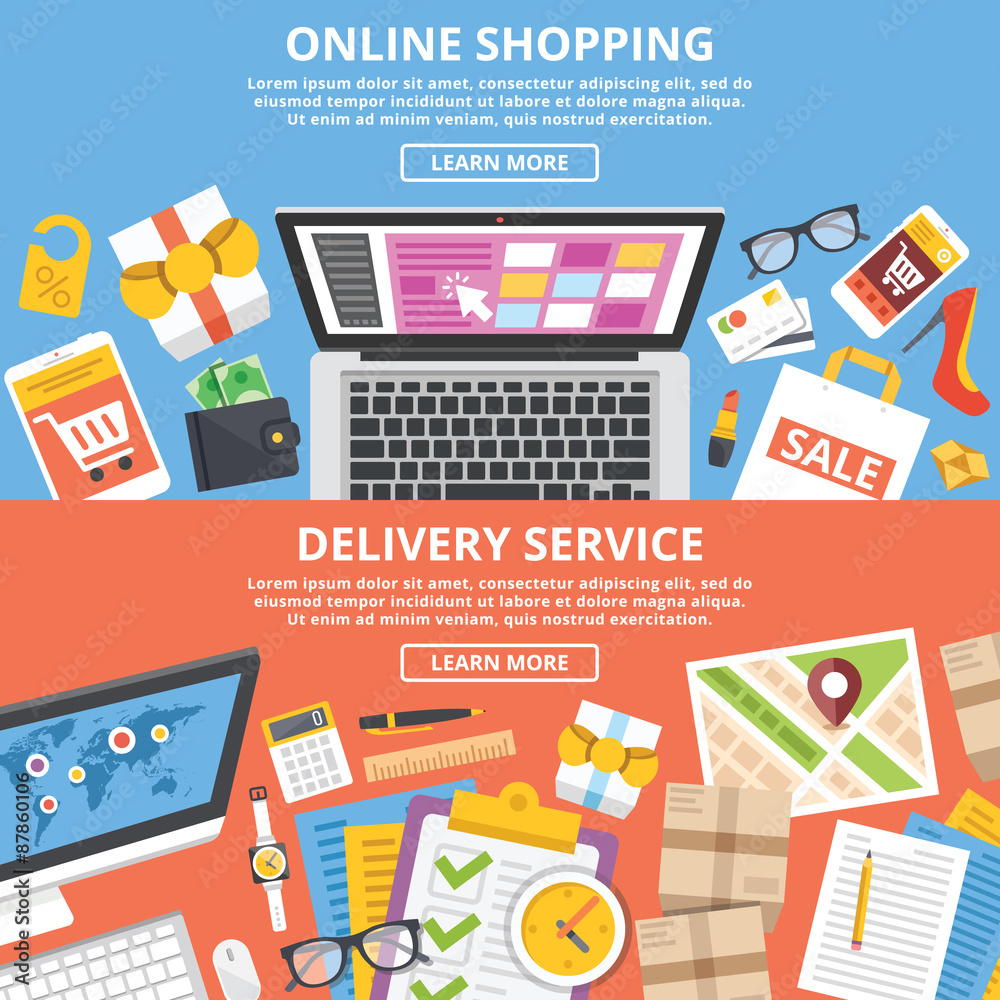 Online shopping, delivery service flat illustrations set Online shopping, delivery service flat illustrations set
