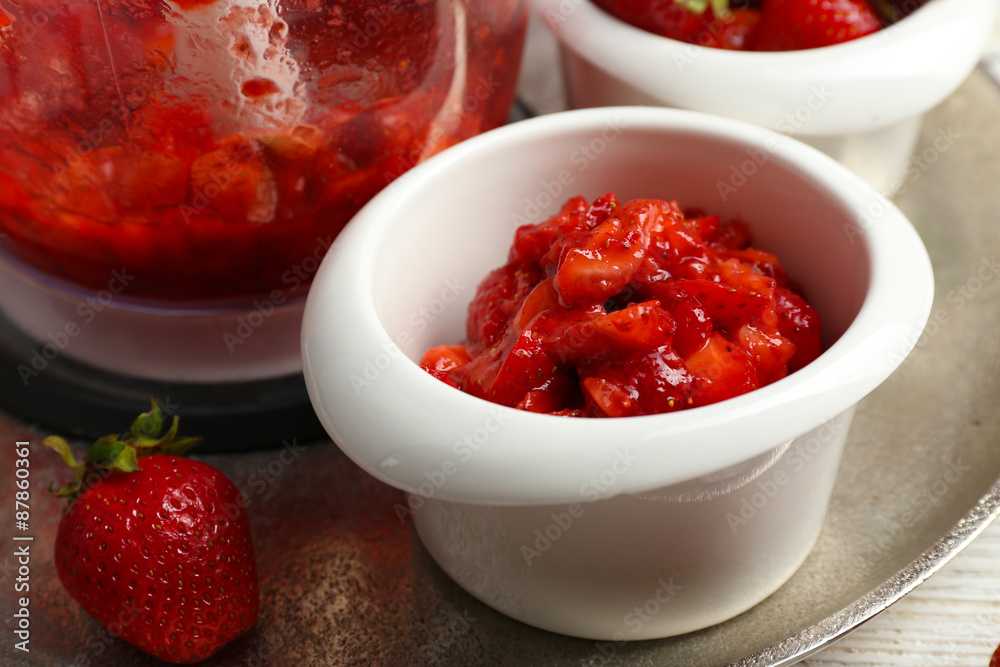 Ripe strawberries in blender on metal tray, closeup Ripe strawberries in blender on metal tray, closeup