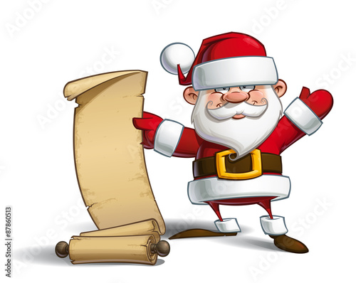 Cartoon vector illustration of a happy Santa Claus showing a ready to be filled gift-list scrol.