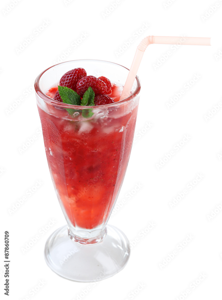 Strawberry lemonade with ice in glass, isolated on white Strawberry lemonade with ice in glass, isolated on white