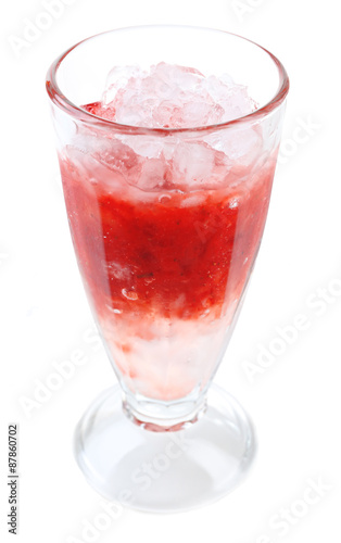 Strawberry lemonade with ice in glass, isolated on white
