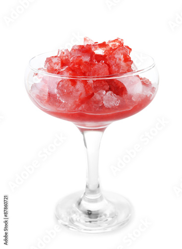 Frozen Strawberry dessert in glass, isolated on white