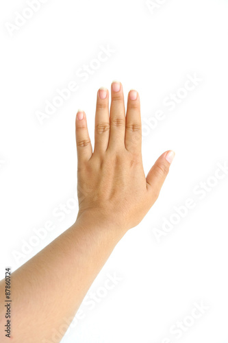 Female hand gesture number five closeup isolated on a white background