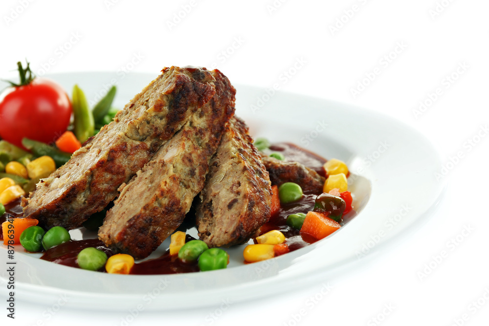 Tasty slices of meat with vegetables on plate isolated on white Tasty slices of meat with vegetables on plate isolated on white