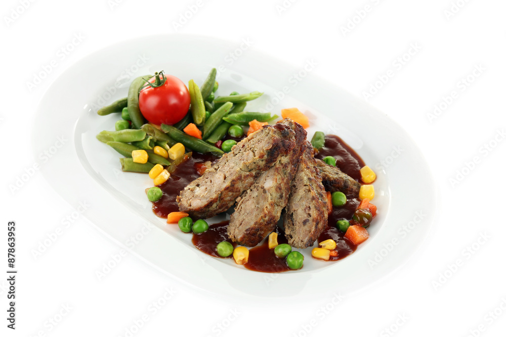 Tasty slices of meat with vegetables on plate isolated on white Tasty slices of meat with vegetables on plate isolated on white