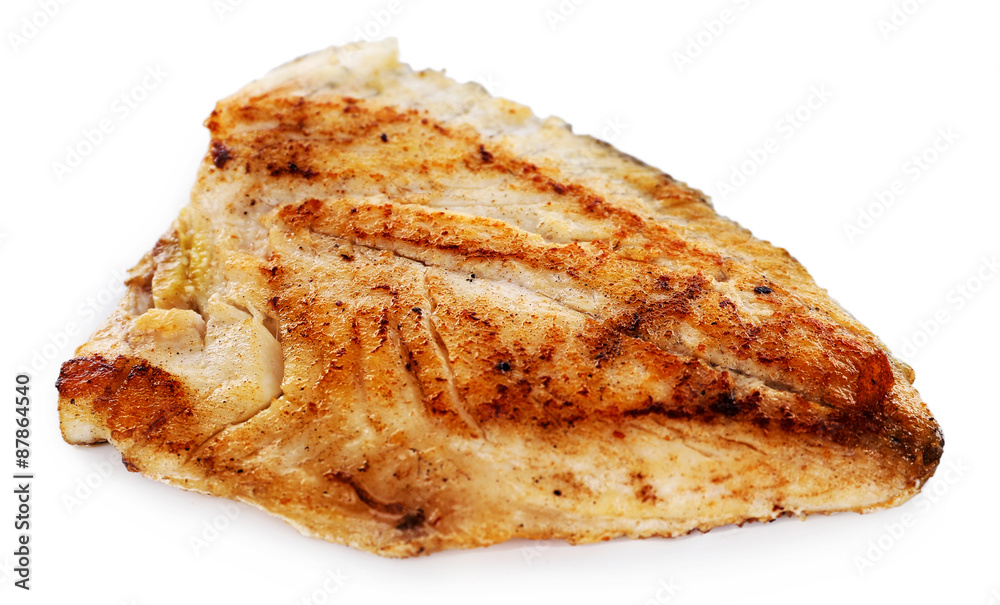 Test roasted fish fillet on plate isolated on white Test roasted fish fillet on plate isolated on white
