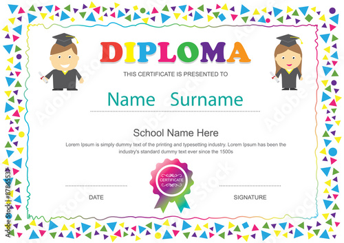 Preschool kids diploma certificate elementary school design temp
