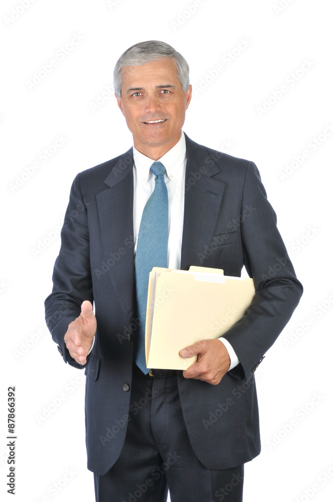 Businessman with file folder hand extended to shake Businessman with file folder hand extended to shake
