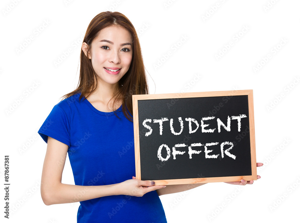 Student hold with wooden chalkboard showing student offer Student hold with wooden chalkboard showing student offer