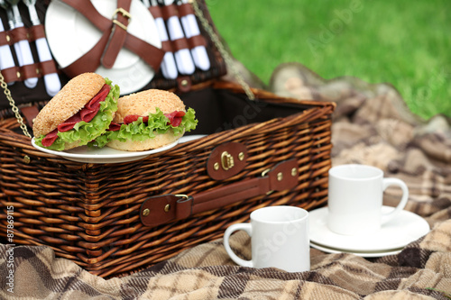 Wicker picnic basket, tasty sandwiches, tea cups  and plaid on green grass, outdoors