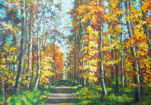 Original oil painting The road in the forest 