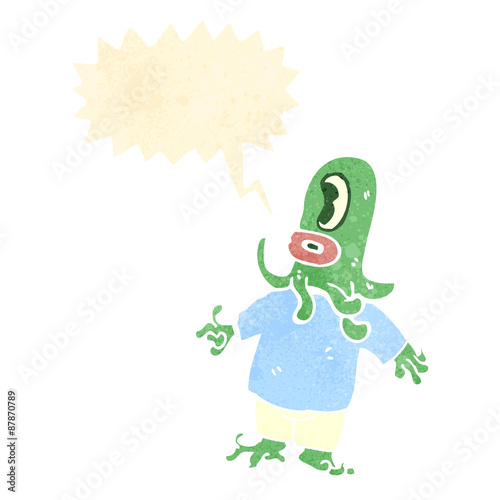retro cartoon alien space monster with speech bubble