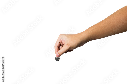 hand putting thai coin isolated on a white background
