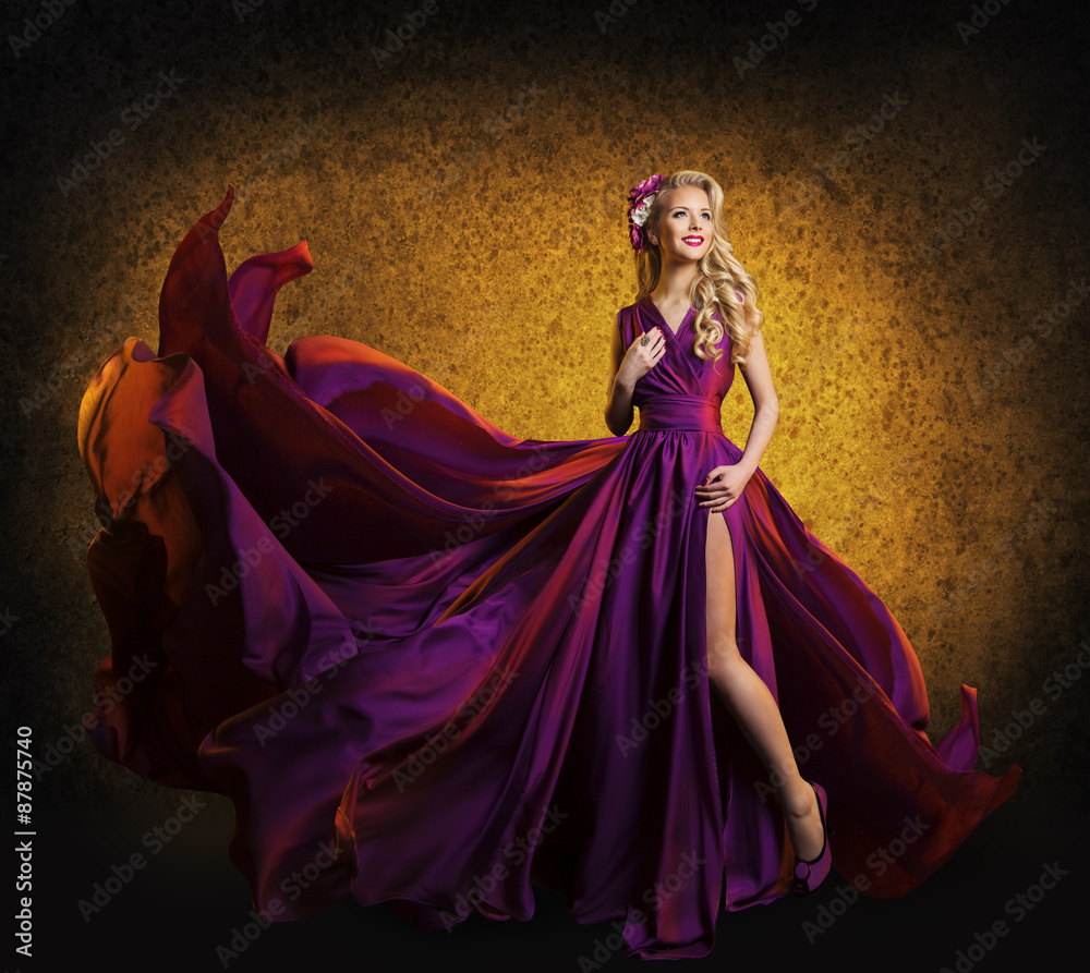 Model in Purple Dress, Woman Fashion, Flying Silk Cloth