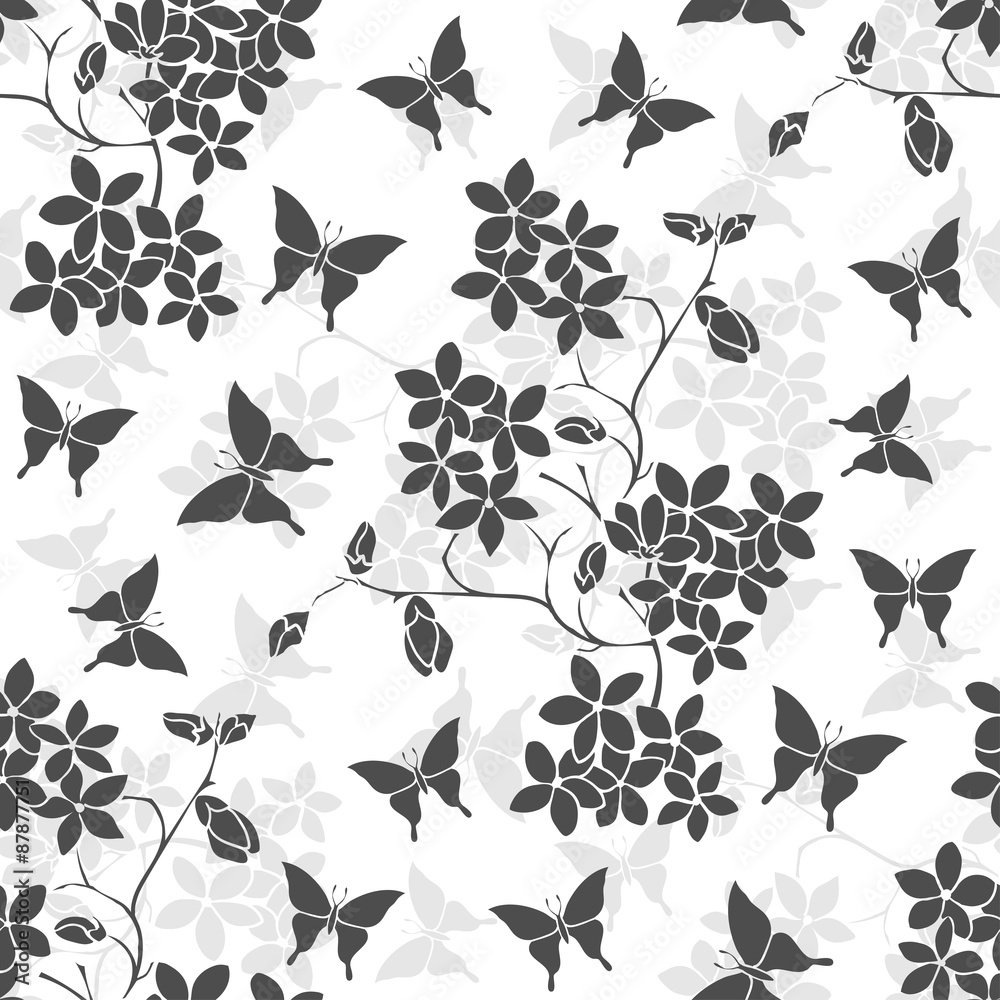 Twig cherry blossoms and butterfly. Seamless Twig cherry blossoms and butterfly. Seamless