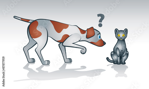 Illustration of curios real dog watching and sniffing a robot cat 