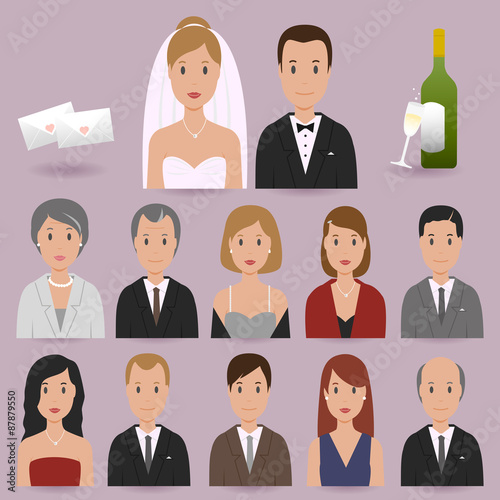 Bride, groom and wedding guests set. Vector illustration