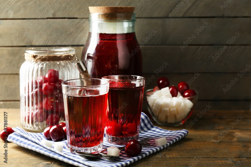 Sweet homemade cherry compote on table on wooden background Sweet homemade cherry compote on table on wooden background
