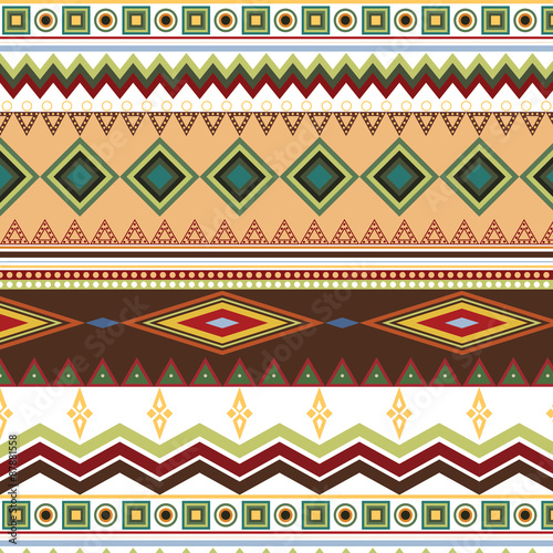 Tribal ethnic seamless stripe pattern on white background, swatches included.