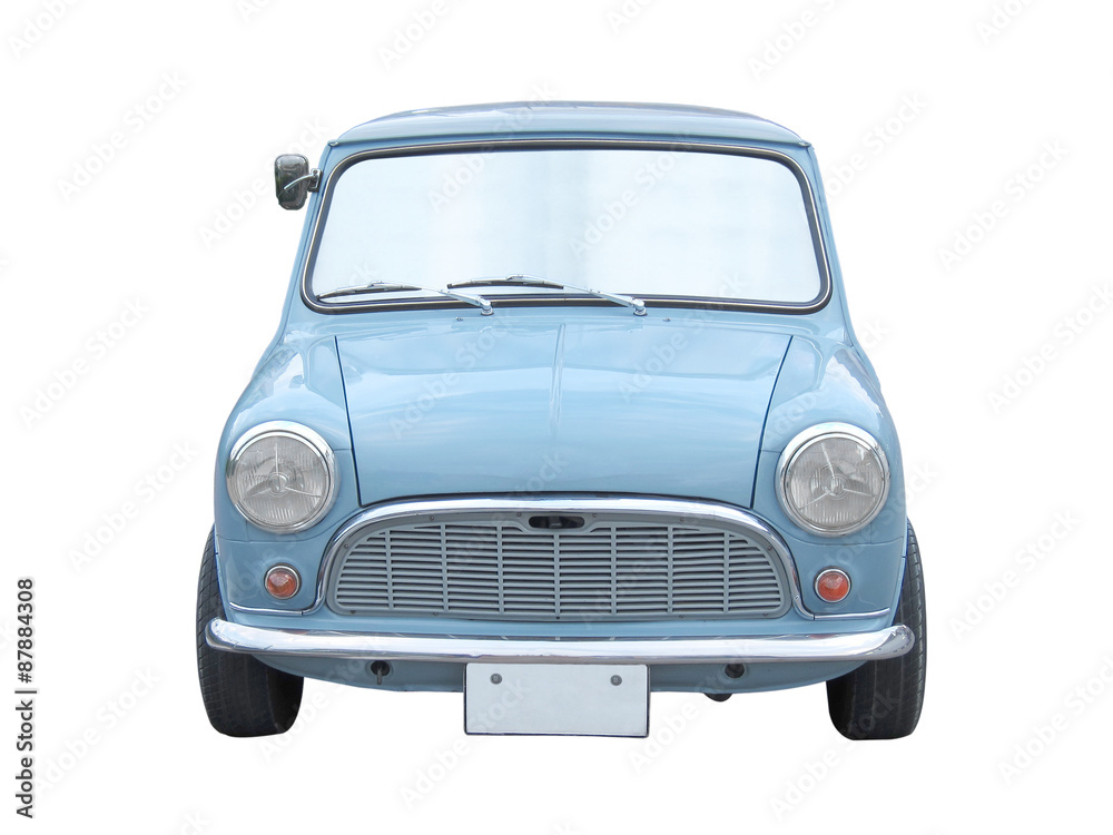 light blue small mini vintage car isolated on white