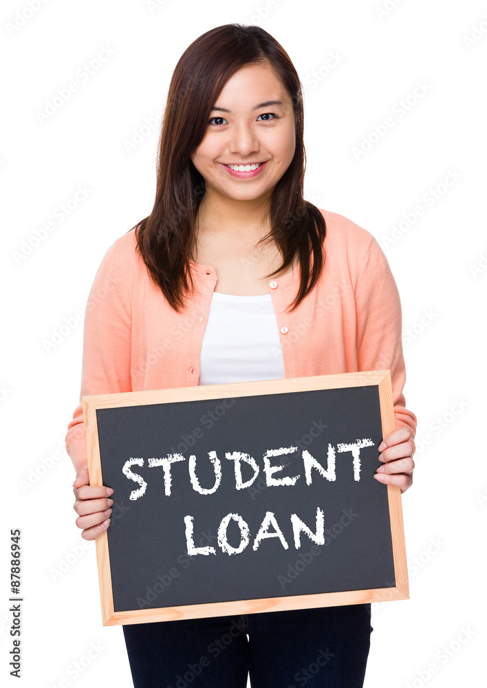 Asian woman with black board showing showing phrase of student l Asian woman with black board showing showing phrase of student l