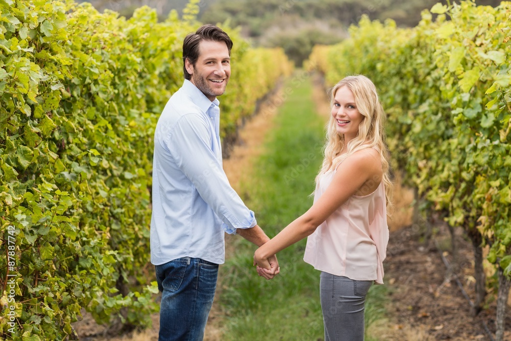 Young happy couple holding hands and looking at camera Young happy couple holding hands and looking at camera