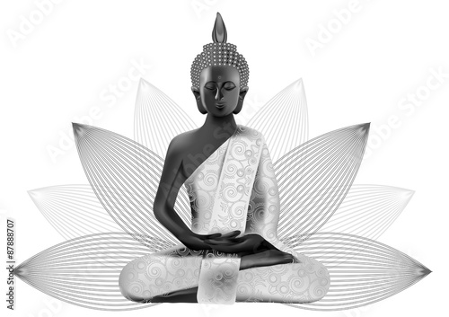 Meditating Buddha posture in silver and black colors in lotus