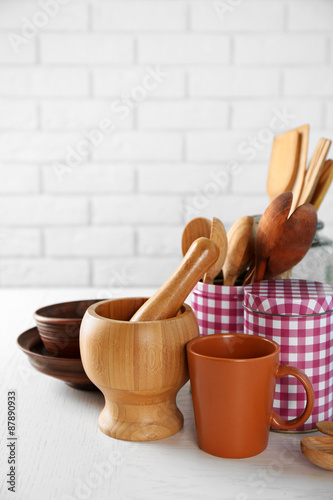 Fototapeta Naklejka Na Ścianę i Meble -  Composition with different utensils on wooden wooden table